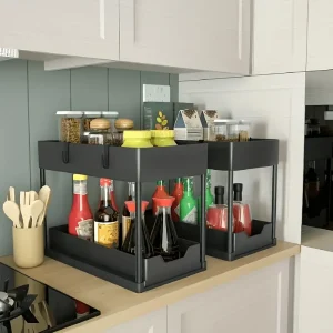 Organisateur sous évier en plastique noir à 2 niveaux, tiroirs coulissants, crochets, rangement peu encombrant pour la cuisine, les ustensiles