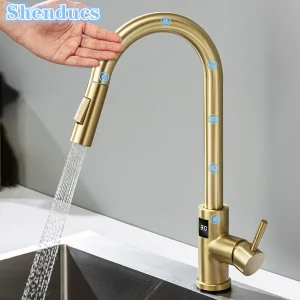 Capteur tactile de robinet d’évier de cuisine numérique, acier inoxydable 304, or brossé, Shenducs, chaud et froid, centre commercial Capteur tactile de robinet d’évier de cuisine numérique, acier inoxydable 304, or brossé, Shenducs, chaud et froid, centre commercial