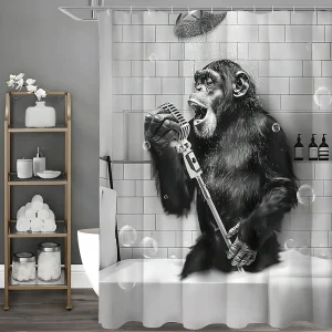 Rideau de douche avec animaux amusants en noir et blanc, singe drôle, rideau de douche décoratif pour salle de bain, rideau de douche étanche Rideau de douche avec animaux amusants en noir et blanc, singe drôle, rideau de douche décoratif pour salle de bain, rideau de douche étanche