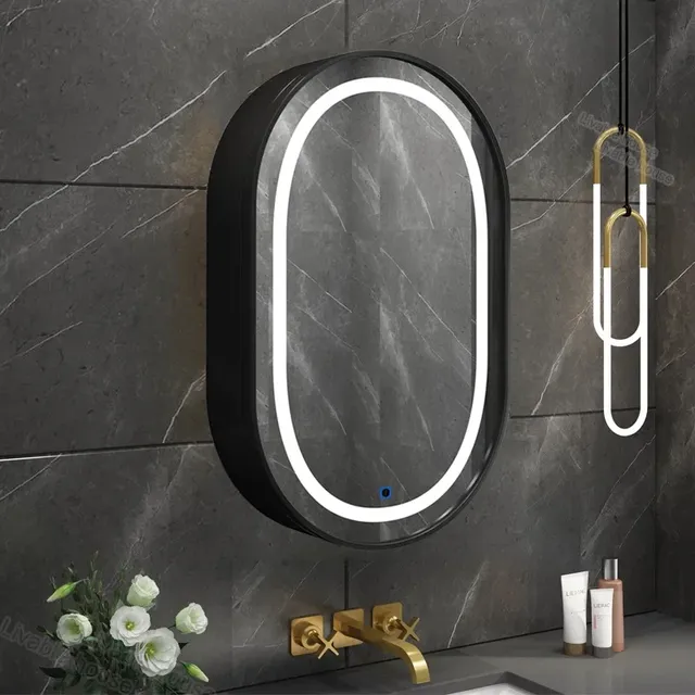 Miroir mural rond cadre noir mat anneau LED tactile… – vue 3