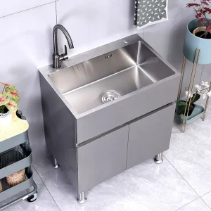 Armoire de salle de bain en acier inoxydable, évier intégré, petit appartement, lavabo au sol extérieur, balcon, armoire à linge