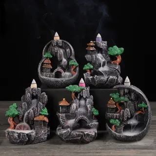 Brûleur encens reflux cascade résine imitation pierre grise noire zen…