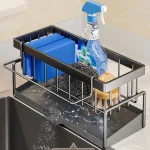 Égouttoir d&rsquo;évier de cuisine, organisateur en acier au carbone, étagère d&rsquo;évier auto-drainante, porte-éponge à savon, porte-serviettes, panier filtrant