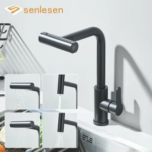 Robinet de cuisine 4 en 1 en acier inoxydable, pulvérisateur de jet de cascade de pluie extractible, robinet mitigeur d&rsquo;évier monté sur le pont à poignée unique chaud et froid