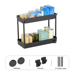 étagère rangement polyvalente 2 niveaux sous évier cuisine salle bain bureau roulettes amovibles crochets ABS métal noir mat étagère rangement polyvalente 2 niveaux sous évier cuisine salle bain bureau roulettes amovibles crochets ABS métal noir mat