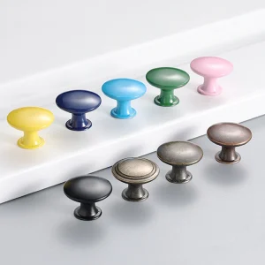 Boutons meuble champignon embase courte dôme métallique alliage zinc émaillé coloré bleu jaune vintage vis incluses tiroir armoire