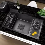 Éviers de cuisine en acier inoxydable 304, cachés, Nano noir, barre à bol unique, petite taille dissimulée avec lave-tasse, fixation de cuisine k