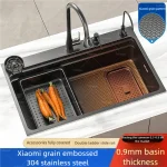 Évier de cuisine en acier inoxydable, lavabo de vaisselle et de légumes Nanocoating noir, grand lavabo multifonction à fente unique