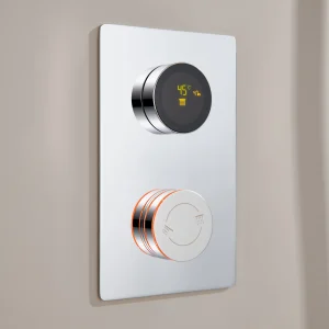 Mitigeur thermostatique douche mural encastré plaque rectangulaire blanche commandes circulaires chromées écran numérique affichage température minimaliste
