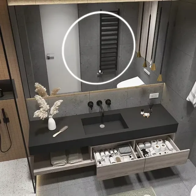 Armoire vanité chêne patiné lavabo intégré vasque… – vue 4