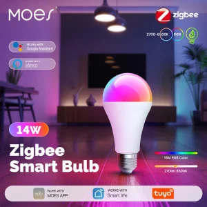 MOES Tuya – ampoule LED intelligente Zigbee, 14W, RGB C + W E27, couleurs, variable 2700K-6500K, application Smart Life, contrôle réglable, Alexa Google Home