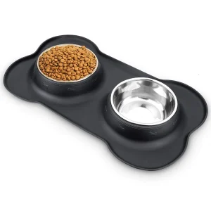 Double bol antidérapant pour chien avec tapis en Silicone, mangeoire à eau et à nourriture Durable en acier inoxydable, bols d&rsquo;alimentation pour animaux de compagnie pour chiens et chats