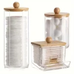 Ensemble d&rsquo;accessoires d&rsquo;organisateur de salle de bain, support de maquillage, rangement avec couvercles en plastique transparent, distributeur de boules de coton/tampons, pot organisateur