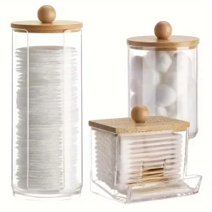 Ensemble d&rsquo;accessoires d&rsquo;organisateur de salle de bain, support de maquillage, rangement avec couvercles en plastique transparent, distributeur de boules de coton/tampons, pot organisateur