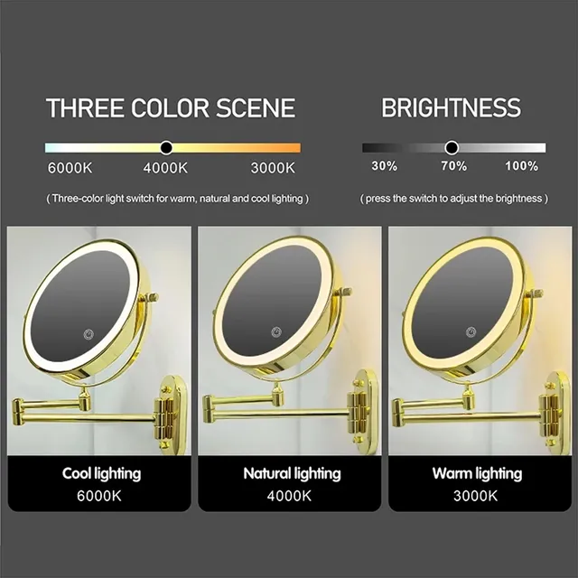 Miroir de maquillage mural LED doré de 8 pouces – vue 4