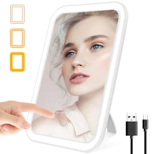 Miroir de maquillage LED à intensité variable, 3 Modes d&rsquo;éclairage de couleur, luminosité réglable, miroir pliable Portable USB, miroir de vanité de table pour voyage et maison