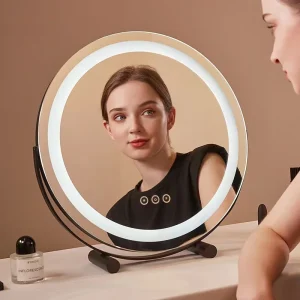 miroir maquillage LED rond socle métal noir mat verre haute définition anneau réglable tactile intensité température inclinaison stable bureau beauté