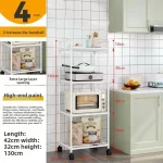 étagère roulante quatre niveaux métal tubulaire peint blanc minimaliste plateaux rectangulaires ouverts barre supérieure roulettes pivotantes mobilité tube épaissi durable