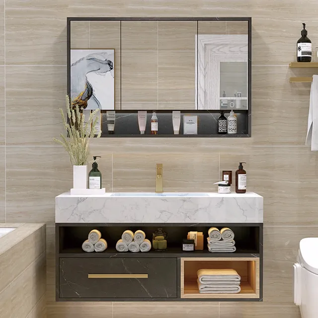 Vanité murale moderne PVC double vasque marbre blanc… – vue 5