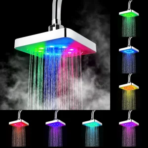 Pommeau de douche LED, pulvérisation supérieure de pluie, Ultra silencieux, 3 couleurs, capteur de température, 7 couleurs, changement progressif, pomme de douche carrée fixe Pommeau de douche LED, pulvérisation supérieure de pluie, Ultra silencieux, 3 couleurs, capteur de température, 7 couleurs, changement progressif, pomme de douche carrée fixe