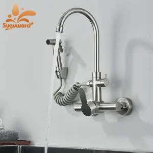 Bassin de cuisine en acier inoxydable avec pulvérisateur, robinet rotatif, montage mural, poignée unique, eau froide et chaude, grue de lavage de centre commercial Bassin de cuisine en acier inoxydable avec pulvérisateur, robinet rotatif, montage mural, poignée unique, eau froide et chaude, grue de lavage de centre commercial