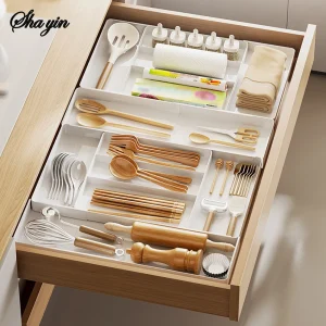 Organisateur de tiroir extensible, plateau à couverts réglable et polyvalent pour tiroir de cuisine, cuillères, fourchettes, couteaux, porte-couverts