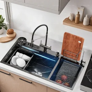 Évier de cuisine cascade en acier inoxydable, grand Double fente avec planche à découper, porte-couteau, bassin multifonctionnel pour lave-vaisselle Évier de cuisine cascade en acier inoxydable, grand Double fente avec planche à découper, porte-couteau, bassin multifonctionnel pour lave-vaisselle