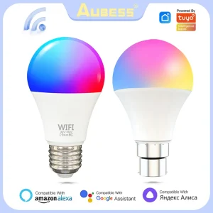 Ampoule intelligente WiFi 15W E27/B22 RGB, lampe LED à intensité variable, prise en charge de l’application Tuya Smart Life, commande vocale pour Yandex Alice Alexa Google Ampoule intelligente WiFi 15W E27/B22 RGB, lampe LED à intensité variable, prise en charge de l’application Tuya Smart Life, commande vocale pour Yandex Alice Alexa Google