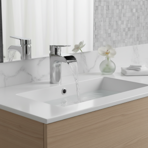 Robinet de lavabo à levier unique chromé | Cascade, robinet de lavabo à levier unique, salle de bains, lavabo mitigeur à double trou, grue de lavabo répandue