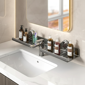 Miroir à ventouse, étagère de salle de bains avant, robinet de lavabo, étagère de salle de bains murale sans poinçon