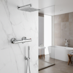 Robinet de bain-douche, robinets thermostatiques, mitigeur mural, contrôle de la température, douche de pluie, salle de bains chromée, double sortie