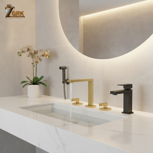 Robinet de lavabo en or brossé, pistolet à trois trous en laiton massif, robinet de salle de bains gris, robinet mitigeur noir d&rsquo;eau froide et chaude 3 pièces