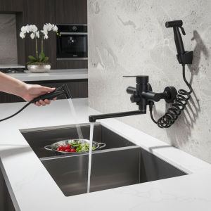 Robinet de cuisine mural noir mat, bec rotatif à 360 degrés en acier inoxydable, mélangeur d&rsquo;eau chaude et froide à poignée unique avec tête de pulvérisation