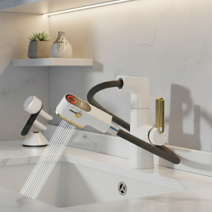 VGX – robinets de salle de bains multifonctionnels blancs, mitigeur de lavabo extractible, robinet d’évier, robinet de température LED gastronomique, grue en laiton gris VGX – robinets de salle de bains multifonctionnels blancs, mitigeur de lavabo extractible, robinet d’évier, robinet de température LED gastronomique, grue en laiton gris