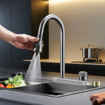 Évier de cuisine à cascade avec 4 modes, bec de sortie, acier inoxydable, noir, un trou, monté sur le pont, robinet d&rsquo;eau, centre commercial