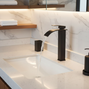 Robinet de lavabo en acier inoxydable de style haut, cascade noire, robinets mélangeurs chauds et froids, robinets d&rsquo;évier, Installation sur comptoir