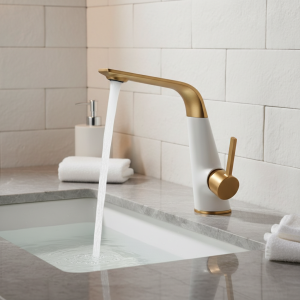 Robinet de lavabo de salle de bains moderne en laiton blanc ou gris or brossé, mitigeur d&rsquo;eau de lavabo monté sur le pont à poignée unique, mélangeur chaud et froid