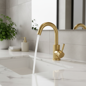 Robinet de lavabo doré en acier inoxydable, lavabo de comptoir chaud et froid, salle de bains de Style européen, petit robinet incurvé en or brossé Robinet de lavabo doré en acier inoxydable, lavabo de comptoir chaud et froid, salle de bains de Style européen, petit robinet incurvé en or brossé