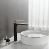 robinet mitigeur lavabo monocommande vasque posée esthétique contemporain minimaliste corps cylindrique noir mat bec plat levier doré poli hauteur élancée