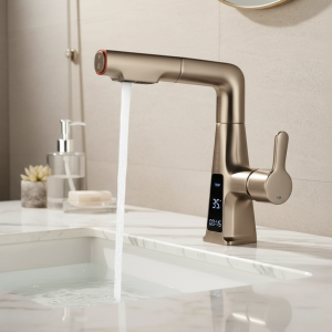 Robinet de lavabo en laiton extractible, robinets d&rsquo;évier, fonction d&rsquo;affichage numérique LED, robinets de salle de bains, robinet d&rsquo;évier de salle de bains pour le lavage