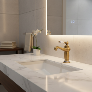 Robinet de centre commercial rétro européen HOBasin F/05 et or, décoration en céramique, placage chromé, poignée unique, monté sur le pont chaud et froid Robinet de centre commercial rétro européen HOBasin F/05 et or, décoration en céramique, placage chromé, poignée unique, monté sur le pont chaud et froid