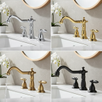 Robinet de lavabo à bec fixe, 3 trous, monté sur le pont, double poignée, mélangeur d&rsquo;eau chaude et froide, robinet de lavabo de salle de bains en laiton, grue Kmmoun