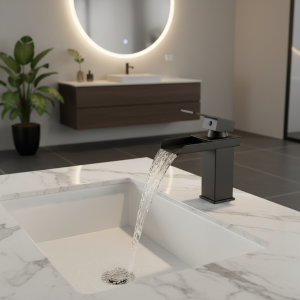 Mélangeur d&rsquo;Eau Chaude et Froide Noir, Robinets de Salle de Bains à Entrée Unique, Cascade F/05 et Nouveau Design de Bassin, 256