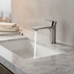 Baokemo Robinet mitigeur chaud-froid pour lavabo de salle de bain, montage sur pont en acier inoxydable, poignée unique avec une paire de tuyaux d&rsquo;entrée