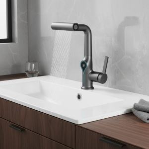 Robinet de lavabo cascade multifonctionnel mitigeur à 4 modes, buse extractible, robinet de salle de bains et de cuisine, robinet d&rsquo;évier intelligent à affichage LED robinets cuisine	robinet salle de bain Noir robinets