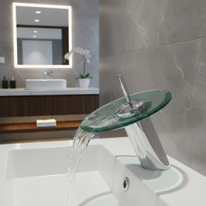 Robinet de lavabo de salle de bains en verre coloré, cascade, robinet d&rsquo;évier de lavabo chromé, mitigeur rond monté sur le pont à levier unique