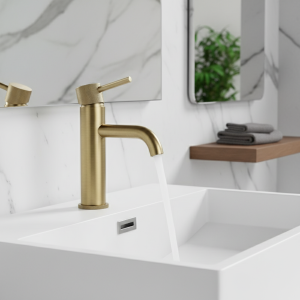 Robinet mitigeur d&rsquo;eau chaude et froide, lavabo de salle de bains robinet de lavage or brossé robinet mitigeur d&rsquo;eau chaude et froide à trou unique monté sur le pont avec poignée à mollet