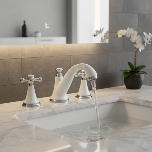 Robinet de salle de bains blanc, robinet de lavabo trois trous à Double poignées robinet de salle de bains chaud et froid, robinet de cascade XR8269