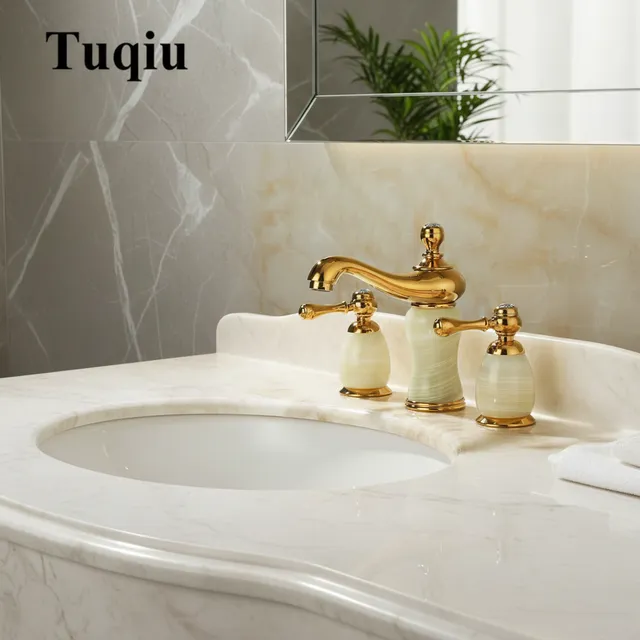 Robinet de lavabo en laiton doré et Jade