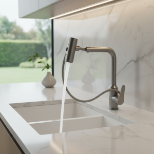 Robinet de cuisine extractible gris/argent, mitigeur d&rsquo;évier de cuisine Flexible d&rsquo;eau chaude et froide monté sur le pont avec Mode douche à jet